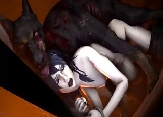 Purple-haired fantasy babe fucks a spooky dog on all fours here