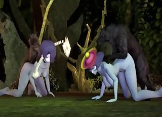 Cartoon girls get doggy-style fucked by wild wolves in a foursome