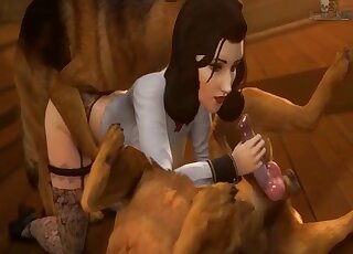 Animated girl is sandwiched between German Shepherds in cartoon 3some