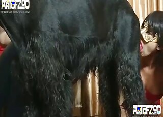 Airedale Terrier lets masked babe treat him with passionate blowjob