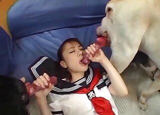 Clothed Japanese teen throats the dog's dick until the last drops